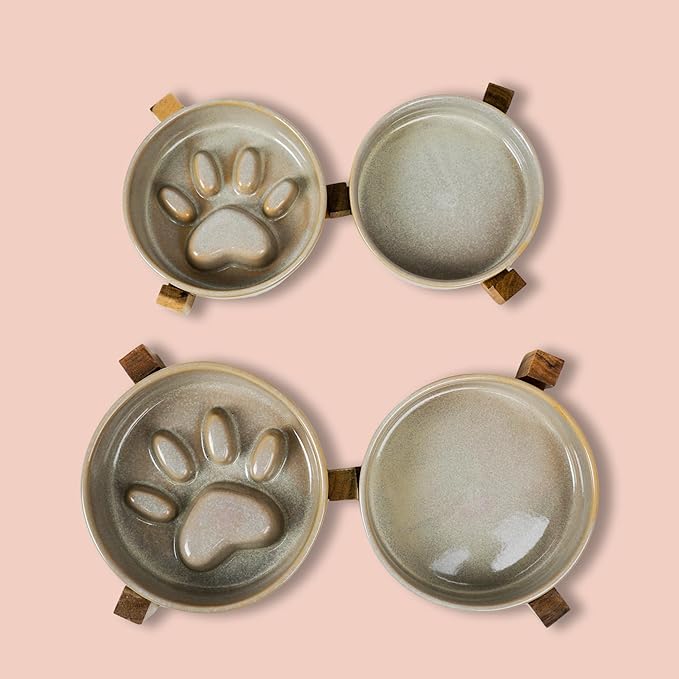 Ceramic Slow Feeder Dog Bowl Set with Stand, Cute Paw Slow Feeding Food Bowl and Water Bowl for Small Breed, 5.2" Ceramic Non Slip Dog Dishes, Grey