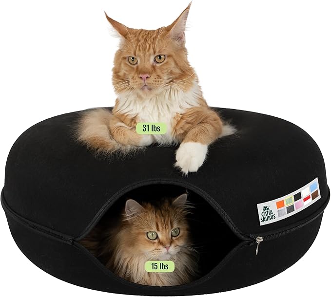 Cattasaurus Peekaboo Cat Cave Donut for Multiple & Large Cats up to 30-45 lbs, 3-in-1 Self Warming Cat Bed, Tunnel & Scratcher for Indoor Cats, Washable & Detachable Small Dog Bed (Black, Jumbo)