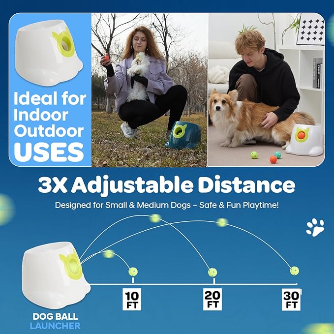 Automatic Small Dog Ball Launcher - Remote Control Interactive Fetch Machine Thrower for Small and Medium Sized Dogs with 6 High-Bounce Washable Latex Balls, Training Clicker, and Whistle – White