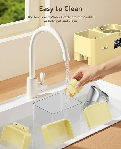 Rojeco 36Cups/8.5L Pet Automatic Cat Feeder and Gravity Water Dispenser,Stainless Steel Bowls 2-in-1 Set Large Capacity 5L Food Feeder and 3.5L Water Fountain for Cats,Pets,Small Dogs,Yellow