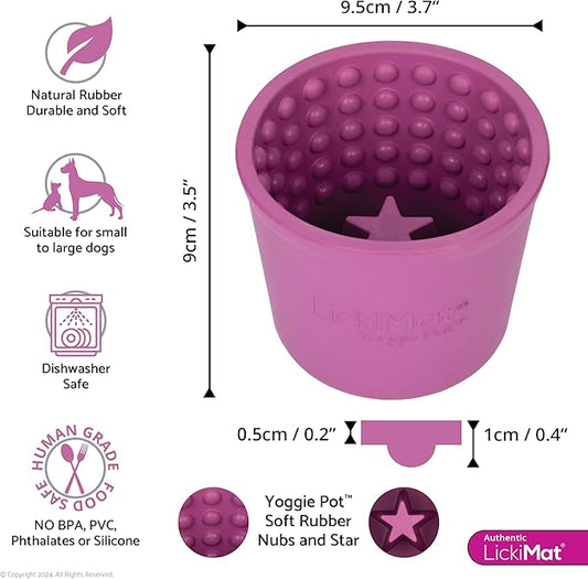 LICKIMAT Yoggie Pot – Distraction, Fun and Enrichment. Long Lasting Rubber Licking Treat Dispenser for All Dog Sizes and Slow Feeder for Small Dogs - Purple