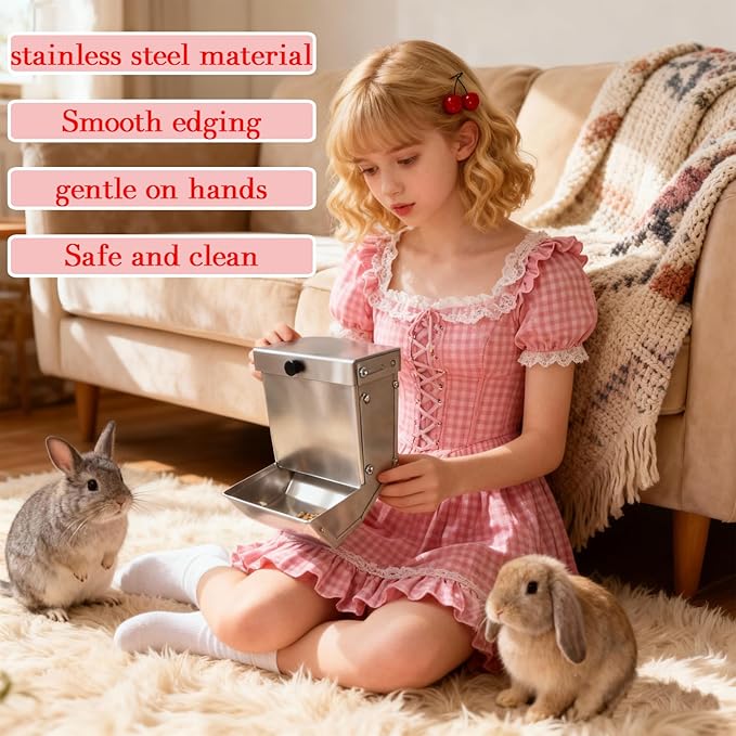 Paiaojia Rabbits Feeder 2 Pcs - Gravity Feeding for Cage Stainless Steel 4Lbs 6.2 Inch, Anti-Corrosion Durable with Sliding Lid for Pet Small Animal Indoor Outdoor Use, Holds Several Days' Food