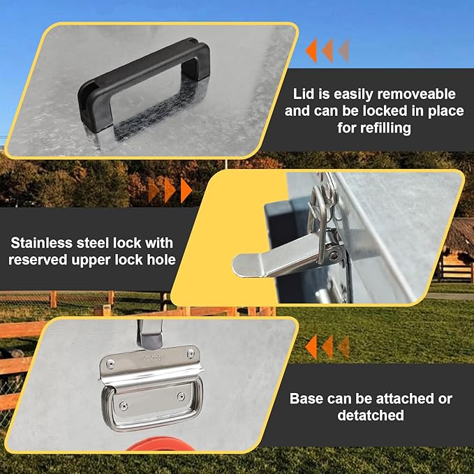 Automatic Chicken Feeder 60lb Large Metal Poultry Feeding Equipment, 8 No-Waste Ports with Locking Lid, Coops Runs, Backyard Chicken Keepers and Homesteaders