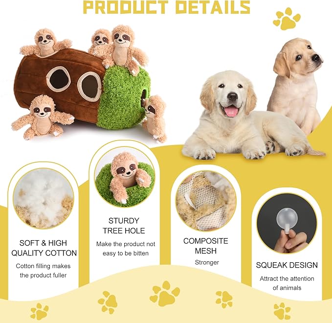 Interactive Squeaky Dog Toys Plush Sloth Dog Toy, Stuffing Woodland Friends Burrow, Squeaky Plush Dog Toy for Small Medium Large Dogs (Large)