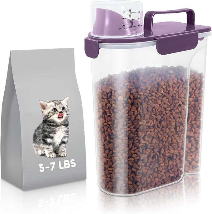 5Lbs/6Qt Airtight Pet Storage Container Translucent Body, Upgraded Large Nozzle With Handle Design For Cat Dog Bird Food and for Small Animal Kibble, Oatmeal, Rice, Flour, Brown Sugart-Purple