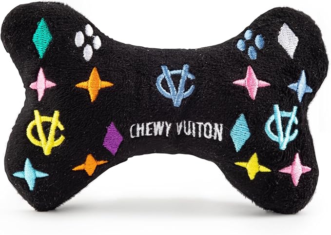 Haute Diggity Dog Black Monogram Chewy Vuiton Bone, Plush Designer Dog Toys with Interactive Squeaker, Stimulating Pet Enrichment, Machine-Washable & Safe Materials for All Breeds, Size Small