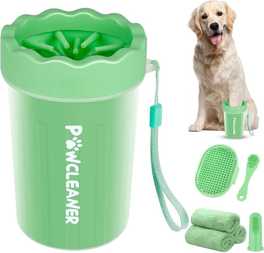 Professional 7 in 1 Dog Paw Cleaner for Dogs - Includes 1 Portable Paw Washer, 1 Bath Brush, 2 Dog Toothbrushes and 3 Absorbent Towels Note: Fits Paws 1.5 to 2.5 Inches Wide (Medium, Light Green)