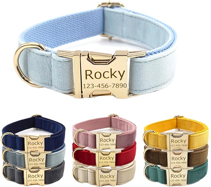 Personalized Velvet Dog Collars with Pet Name Phone Number Engraved, Custom Adjustable Soft Collar with Metal Buckle for Small Medium Large Dogs, Dog Leash and Bow Tie Available -Sky Blue