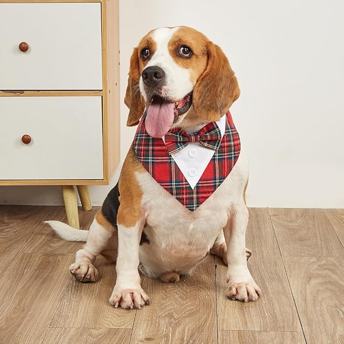 Adjustable Red Plaid Christmas Dog Tuxedo Bandana with Bow Tie - Holiday Pet Outfit Costume for Dogs XS to XL