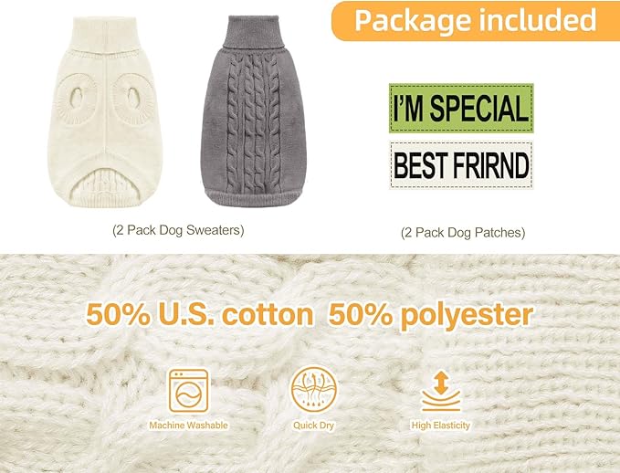 2 Pack Dog Sweaters for Small Dogs - Puppy Medium Warm Clothes in Winter, Turtleneck Pullover Design for Boy Girl Pet, Doggie, Cat, Kitten Chihuahua Bulldog Pug Beagles (XS, Grey, Beige)