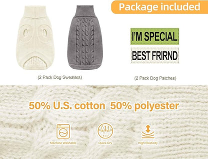 2 Pack Dog Sweaters for Small Dogs - Puppy Medium Warm Clothes in Winter, Turtleneck Pullover Design for Boy Girl Pet, Doggie, Cat, Kitten Chihuahua Bulldog Pug Beagles (XS, Grey, Beige)
