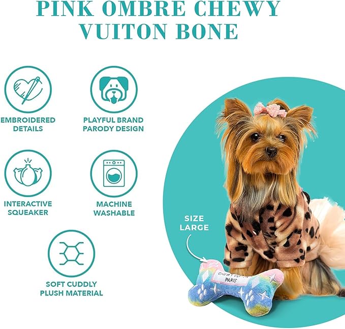 Haute Diggity Dog Pink Ombre Chewy Vuiton Bone, Plush Designer Dog Toys with Interactive Squeaker, Stimulating Pet Enrichment, Machine-Washable & Safe Materials for All Breeds, Size XL