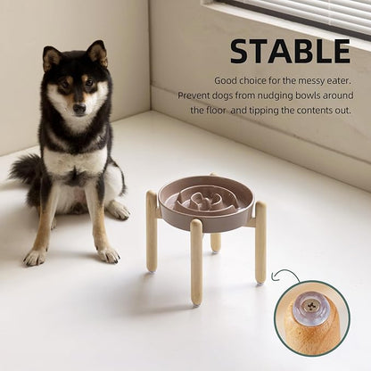 Ceramic 1.6 Cup Raised Slow Feeder Dog Bowl Set, Elevated Wooden Stand for Medium and Large Dog, 8.2inch Puzzle Slow Dish, Anti-Gulping(Brown Coffee, Single Bowl+ Stand)