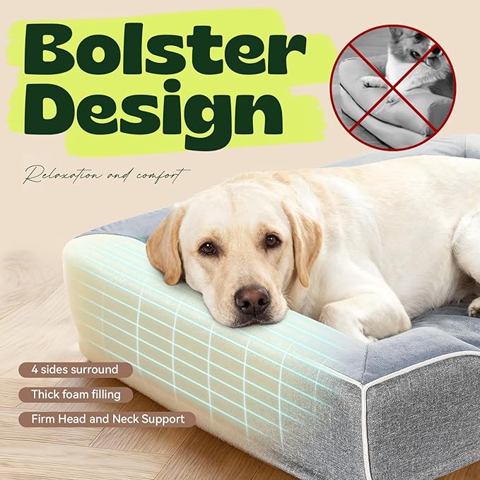 XL Orthopedic Dog Bed for Large Dogs with Cooling Gel Memory Foam and Egg Crate Foam Waterproof, 42inch Pet Couch with Removable Washable Cover and Bolster Side for Extra Breed Pets