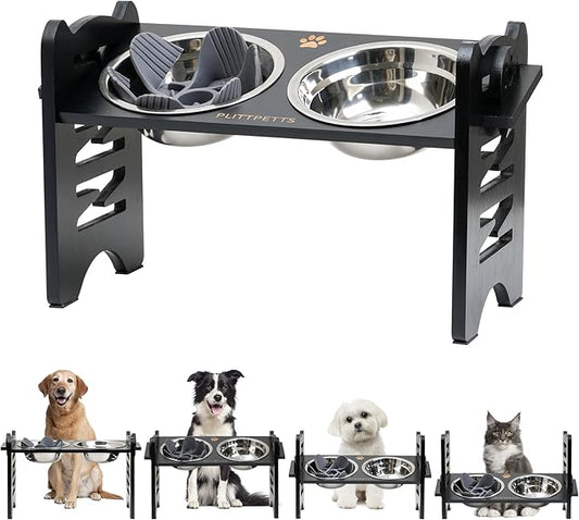 Elevated Dog Bowls, 9 Heights Adjustable Raised Dog Bowl Stand for Small & Medium Pet with 2 Stainless Steel Dishes and 1 Slow Feeder Bowl, Sturdy Bamboo Pet Food Dishes with Non-Slip Feet