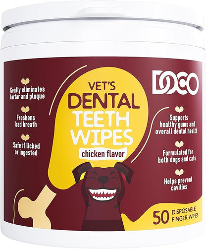 DOCO Dog Teeth Cleaning Wipes Dental Finger Wipes for Cats & Dogs Remove Plaque & Tartar, Freshen Breath, No Rinse, Easy & Effective Pet Tooth Cleaning Kit for Oral Care (Chicken Flavor, 50 Count)