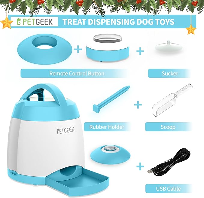 PETGEEK Dog Treat Dispenser with Button, Automatic Dog Feeder with Remote Control and Dual Power Supply, Dogs Puzzle Toys and Interactive Pet Stimulation Toys for Indoor/Outdoor Play (Blue)