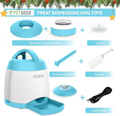 PETGEEK Dog Treat Dispenser with Button, Automatic Dog Feeder with Remote Control and Dual Power Supply, Dogs Puzzle Toys and Interactive Pet Stimulation Toys for Indoor/Outdoor Play (Blue)