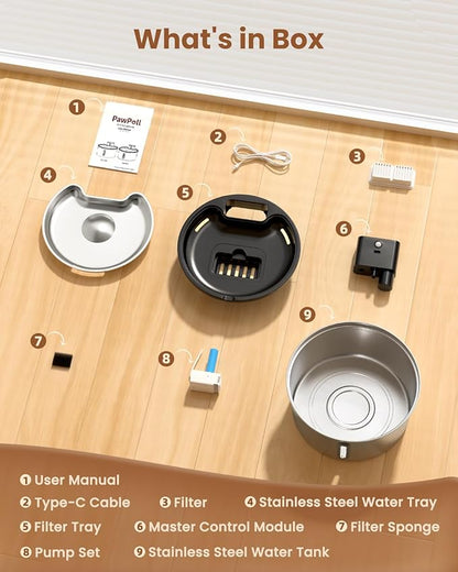 Wireless Cat Water Fountain Stainless Steel - 3.2L/108oz Cordless Pet Water Fountain Battery Operated Cats Water Dispenser Silent Rechargeable Automatic Fountain with 6 Filters 3 Sponges