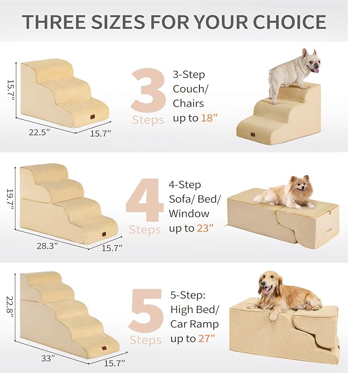 Made4Pets Dog Stairs Ramp for High Bed 22.8" H, 5-Step Pet Stairs for Bed Couch Sofa Climbing, 35D Foam Pet Steps for Small Dogs and Cats, Non-Slip Bottom Dog Steps, Tan
