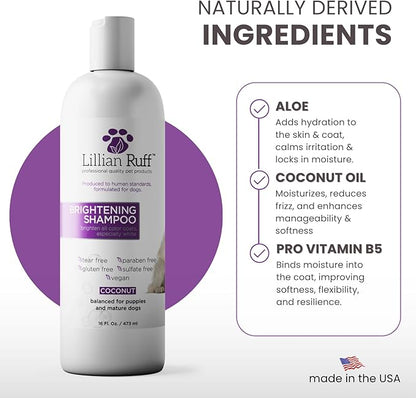Lillian Ruff PRO Formula Ultra Brightening Dog Shampoo - Professional Whitening & Long-Lasting Odor Eliminator - Removes Stains & Discoloration, Dry Skin & Itch Relief with Aloe & Provitamin B5 (16oz)