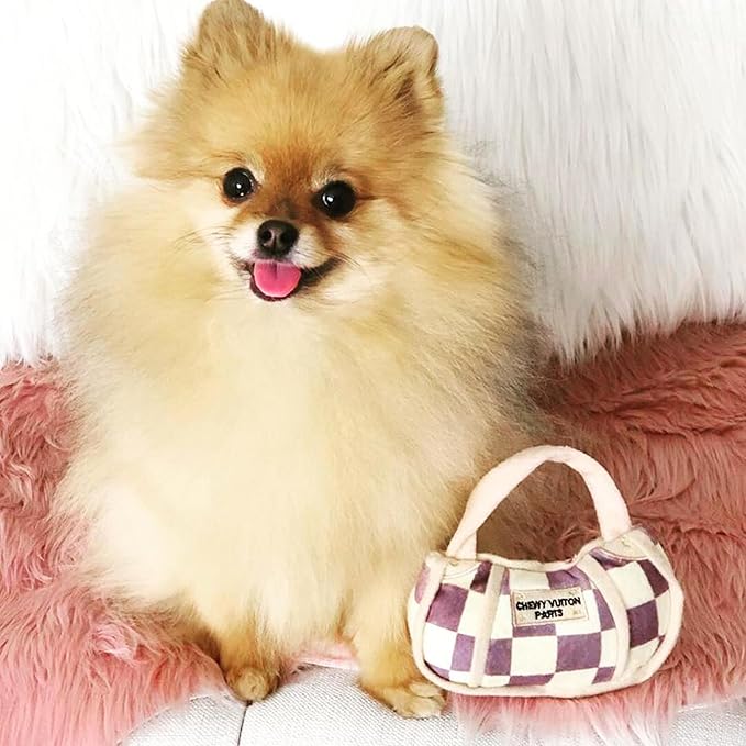 Haute Diggity Dog Checker Chewy Vuiton Handbag, Plush Designer Dog Toys with Interactive Squeaker, Stimulating Pet Enrichment, Machine-Washable & Safe Materials for All Breeds, Size Small