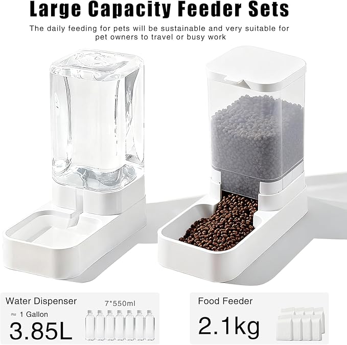 2 PCS Automatic Cat Feeder，Dog Water and Food Bowl Dispenser,cat Food and Water Dispenser,3.8L Gravity Storage and 2.1KG Grain Storage Combination Pet Feeder,Cat Water Fountain.