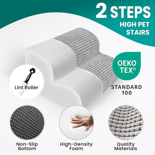 Dog Stairs for Small Dogs, 11.8 in H 2 Step Curved Dog Ramp for Bed and Couch, Foam Dog Ramp with Durable Non-Slip Waterproof Fabric Cover, Pet Stairs for Pets Joints, Light Grey