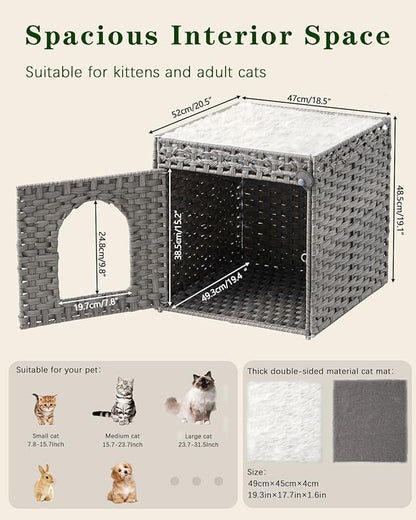 Cat Beds for Indoor Cats Extra Large Double Cat Cave Pet Cube, Handwoven Rattan Cat Houses with Double-Sided Soft Cushions, 18.5 x 20.5 x 19.1 Inches Foldable Hideaway in Living Room Gray