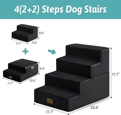Dog Stairs for Small Dogs, 4 Tier Removable Wider Pet Stairs for Couch and Bed, 17.7" H Dog Steps for Old Cats, Puppy, Small Dogs, 17.7x23.6x17.7 inch, Black