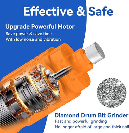 PAPIFEED Dog Nail Grinder Professional Pets, 3-Speed Electric Quiet Dog Nail Grinder, Rechargeable Dog Nail Trimmers - with 2 LED Lights/2 Grinder Wheels, for Small, Medium, Large Dogs (Orange)