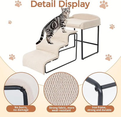 Dog Window Perch with Stairs - Pet Stairs with Seat Bedside Lounge Elevated Pet Bed Non-Slip Dog Window Seat with Sturdy Metal Frame Multi-Level Platform with Foam Upholstery