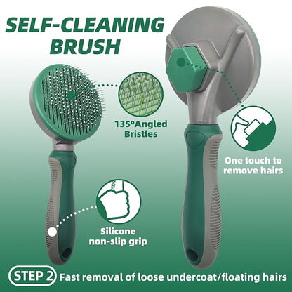 Pet Grooming Kit - 7 PCS Green Deshedding Brush Set with Undercoat Rake, Slicker Brush, Bath Brush & Nail Clipper for Short & Long-Haired Dogs and Cats