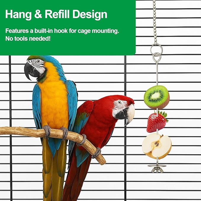 2 Pcs Chain Clauses Bird Cage Food Holder Stainless Steel Parrot Fruit & Vegetable Skewer Hanging Foraging Toy for Parakeets, Budgies, Macaws