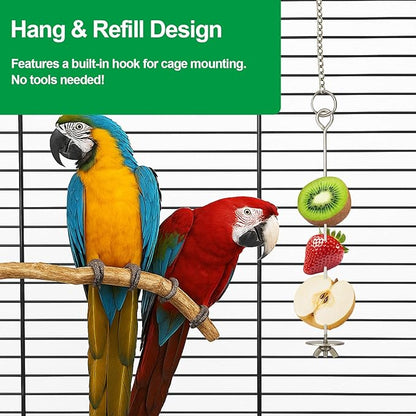 2 Pcs Chain Clauses Bird Cage Food Holder Stainless Steel Parrot Fruit & Vegetable Skewer Hanging Foraging Toy for Parakeets, Budgies, Macaws