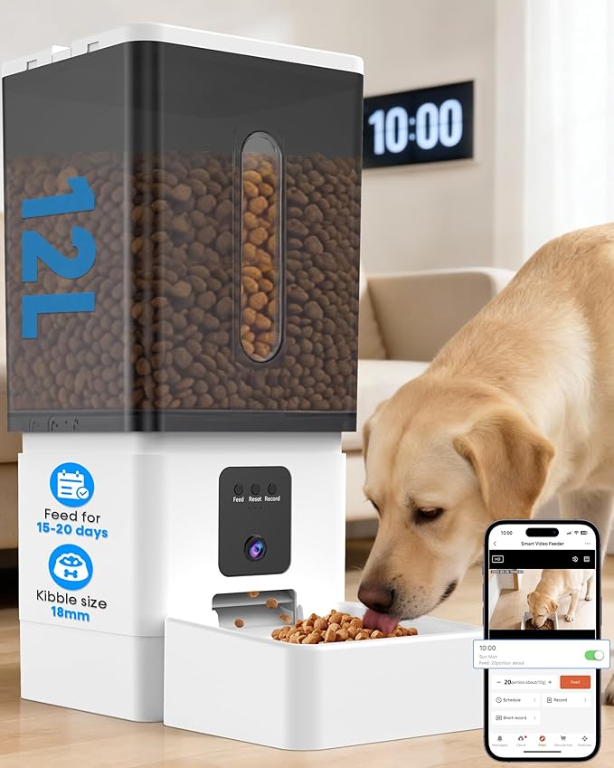 Large Dog Automatic Feeder with Camera: 12L/50 Cups Home Smart Dog Feeder for 20 Days Feeding - Anti-Clog with 20mm Wide Chute for Big Breed Owner