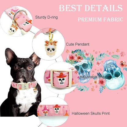 Elegant little tail Halloween Dog Collar, Skull Print Pink Halloween Pet Collars Cotton Soft Sturdy Puppy Collars Holiday Female Adjustable Collar for Small Dogs