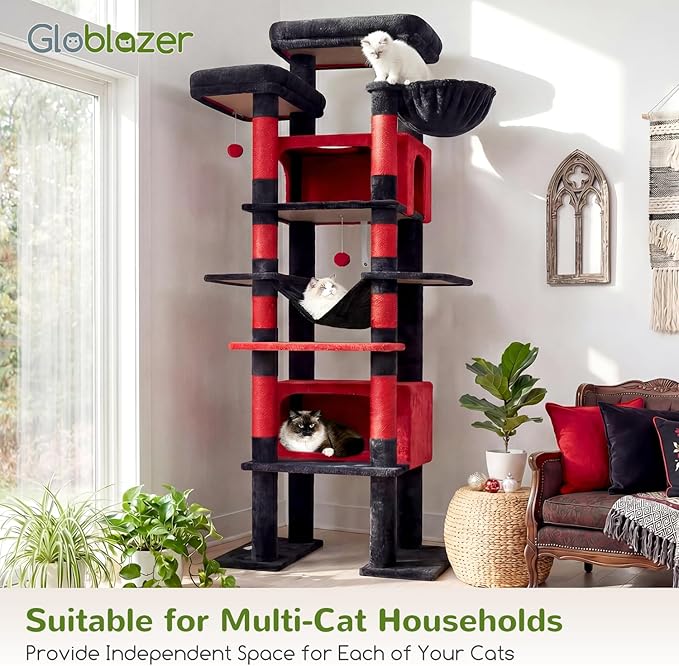 Globlazer XXL Giant Gothic Cat Tree, 83 Inch Heavy Duty Tall Goth Cat Tower for Indoor Cats Large Adult, Multi-Level Large Cat Condo with 8 Scratching Posts, Hammock, 2 Platform, F83B, Black Red