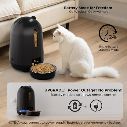 PAPIFEED Automatic Cat Feeder with App Control, 2.4G WiFi Auto Cat Food Dispenser, 3L Cat Feeder Automatic with Dual Power Supply, Easy-Clean Design for Cats & Small Dogs (Black)
