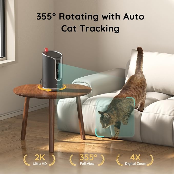 Pet Camera Treat Dispenser [1-Year Trial: Cloud + AI Features Included], 2K Dog & Cat Cam, Remote Treat Tossing, 360° Auto Tracking, 5G/2.4G WiFi Compatible, 2-Way Talk, Motion Alerts Indoor