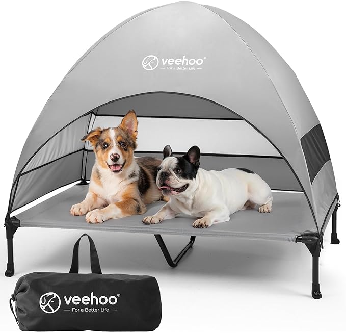 Veehoo Outdoor Dog Bed with Canopy, Cooling Elevated Pet Cot with Removable Shade, Non-Slip Feet, Raised Dog Cot for Large Dogs, Pet Tent Bed for Camping, Beach, XLarge, Grey, CWC2411