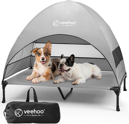 Veehoo Outdoor Dog Bed with Canopy, Cooling Elevated Pet Cot with Removable Shade, Non-Slip Feet, Raised Dog Cot for Large Dogs, Pet Tent Bed for Camping, Beach, XLarge, Grey, CWC2411
