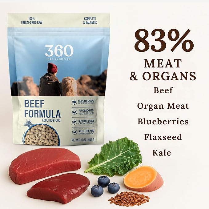 360 Pet Nutrition Freeze-Dried Raw Dog Food – Beef Recipe with Liver & Organs, High Protein with Omega-3s, Fruits, Veggies & Superfoods, Grain-Free, No Fillers, 5 oz – Made in USA