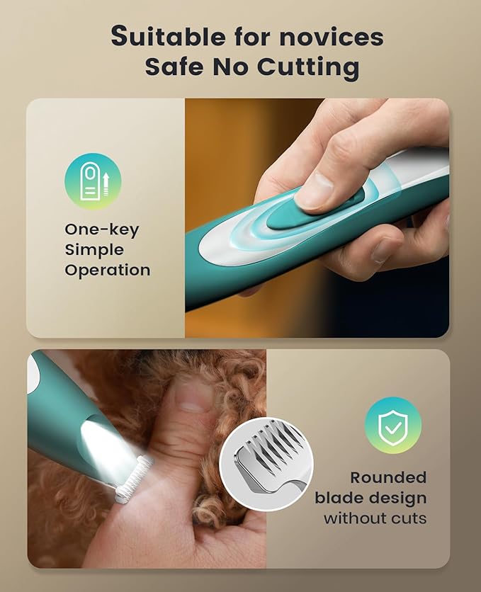 oneisall Low Noise Dog Paw Trimmer with LED Light, Paw Trimmer for Dogs 0.8inch/20mm Widen Blade, 35dB Cordless Electric Pet Paw Grooming Clippers for Paws, Ears, Face, Rump (Green)
