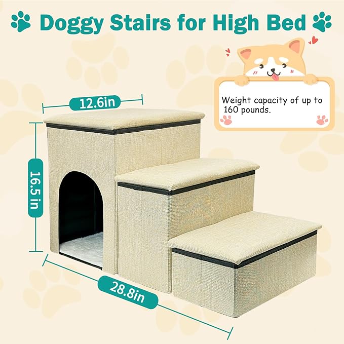 Fhiny Dog Stairs with Storage, 3-Steps Foldable Pet Stairs for Small Dogs Non-Slip Puppy Steps with Condo for High Bed & Couch Dog Ramp for Old Dogs and Cats, Holding up to 160 lbs Pets (Khaki)