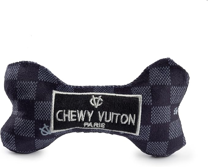 Haute Diggity Dog Black Checker Chewy Vuiton Bone, Plush Designer Dog Toys with Interactive Squeaker, Stimulating Pet Enrichment, Machine-Washable & Safe Materials for All Breeds, Size Small