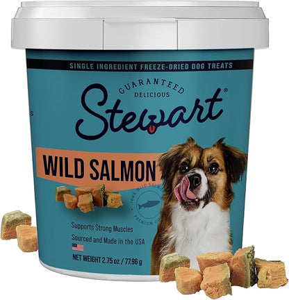 Stewart Wild Salmon Dog Treats, 2.75 oz, ~55 Pieces, Freeze Dried Raw, Single Ingredient, 65% Protein Training Treats or Meal Topper in a Resealable Tub, Grain Free, Gluten Free