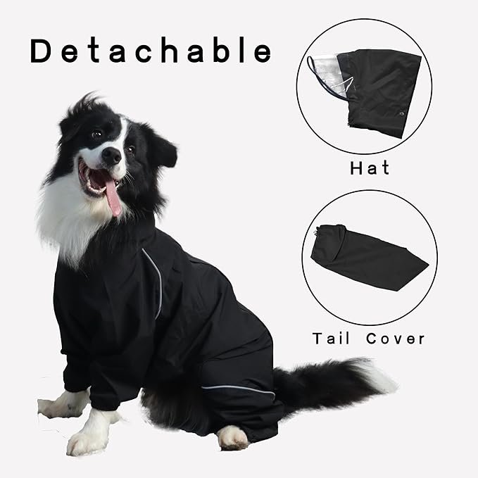 Dog Raincoat for Medium Large Dogs,rain Jacket Coat, Full Leg Coverage Waterproof Rain Suit with Detachable Hood & Tail, Reflective Strips, Snag-Free Top Zipper (Black for Boy, Large)