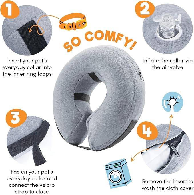 BENCMATE Inflatable Dog Cone Collar Alternative, Soft Dog Cone for Small Medium Large Dogs and Cats, Neck Recovery ECollar Donut Collar After Surgery (Medium, Grey)