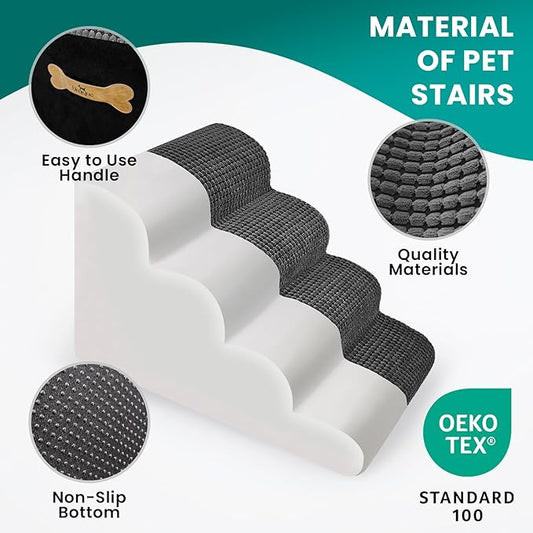 Dog Srairs for Small Dogs, 4-Step Dog Ramp for High Beds and Couch, Foam Dog Stairs with Durable Non-Slip Waterproof Fabric Cover, Grey Pet Stairs for Pets Joint
